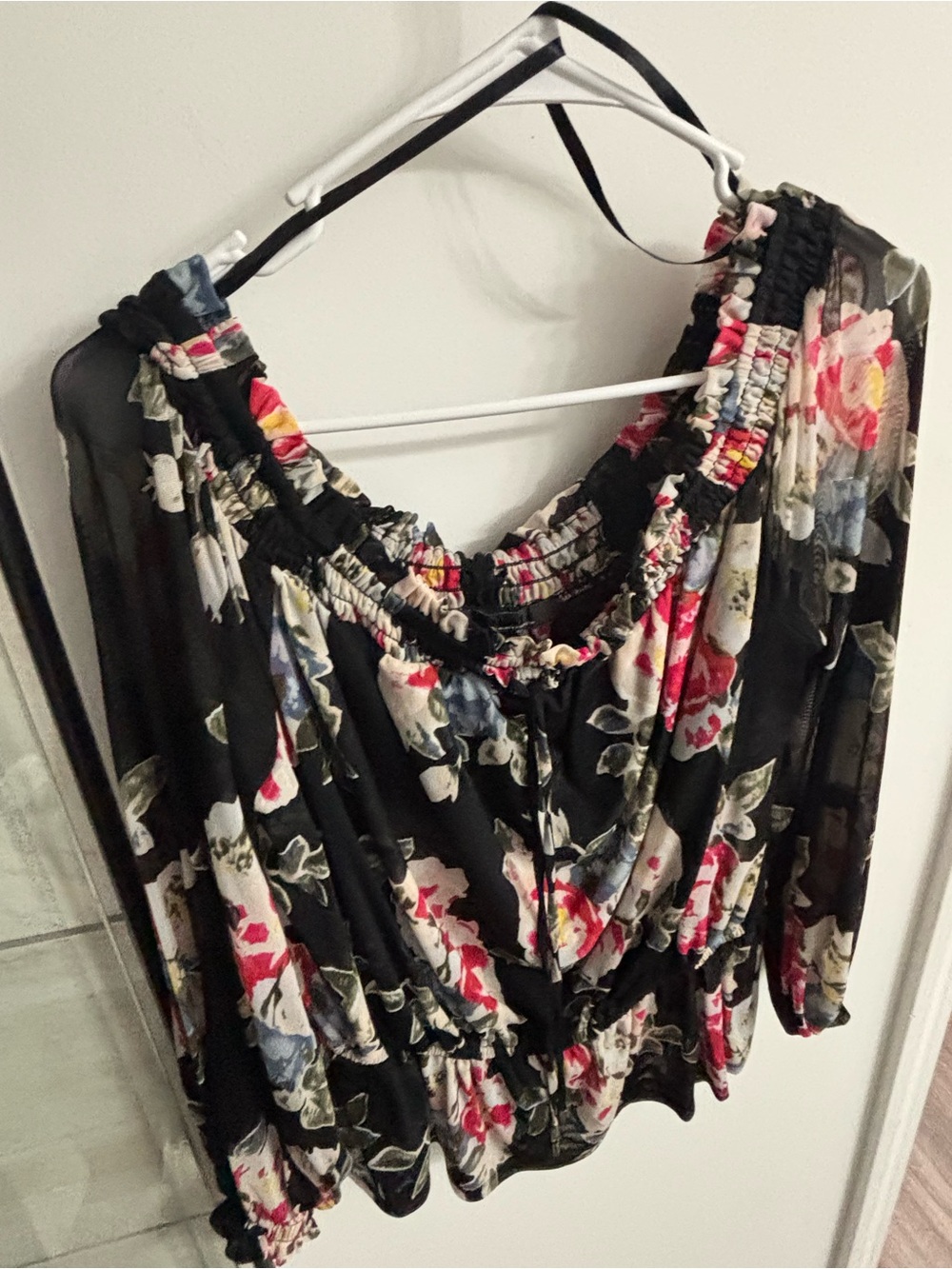 White House Black Market Black Floral Off-the-Shoulder Blouse